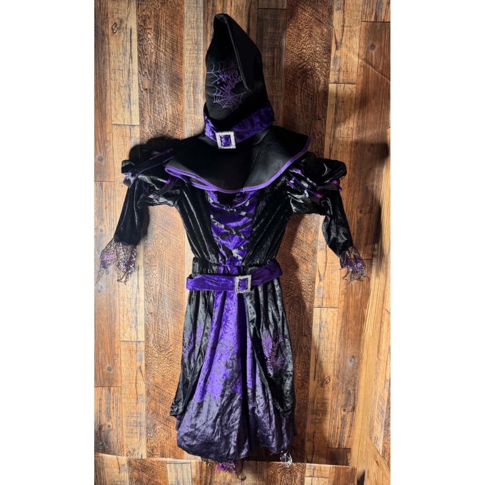 Kids‎ Witch Costume Dress with Hat Halloween Cosplay Black Purple Spiderweb